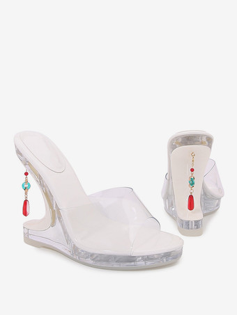 レディーススライドサンダル シックなPVCアッパー ピープトゥ 特殊形状ヒール スリッパ