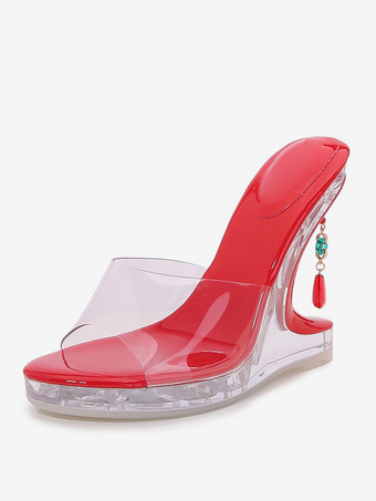 レッド レディーススライドサンダル シックなPVCアッパー ピープトゥ 特殊形状ヒール スリッパ
