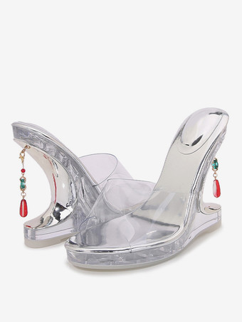 シルバー レディーススライドサンダル シックなPVCアッパー ピープトゥ 特殊形状ヒール スリッパ