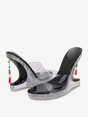 ブラック レディーススライドサンダル シックなPVCアッパー ピープトゥ 特殊形状ヒール スリッパ