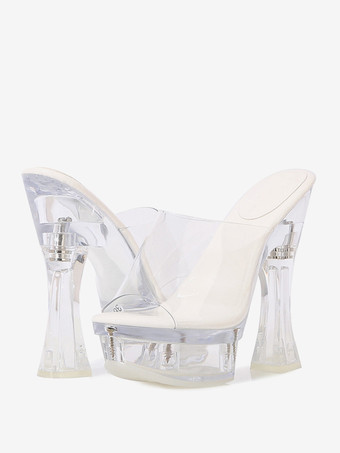 Bianco Sandali scorrevoli da donna Pantofole eleganti con plateau e punta aperta in PVC