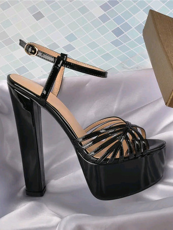 レディースヒールサンダル ラウンドトゥ チャンキーヒールサンダル PUレザー