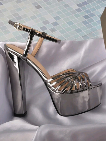 レディースヒールサンダル ラウンドトゥ チャンキーヒールサンダル PUレザー