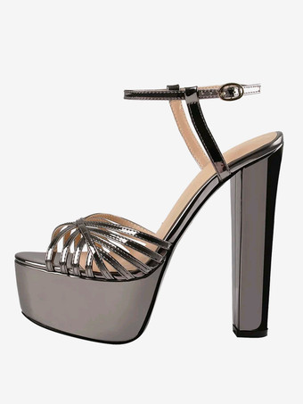 グレイレディースヒールサンダル ラウンドトゥ チャンキーヒールサンダル PUレザー