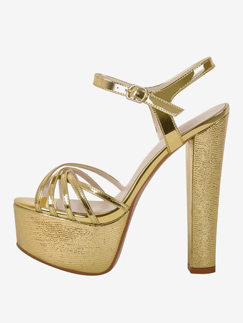 ゴールド レディースヒールサンダル ラウンドトゥ チャンキーヒールサンダル PUレザー