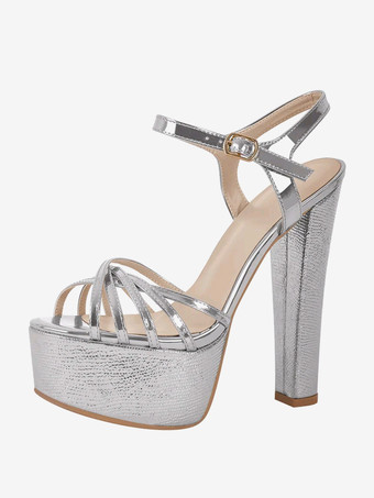 シルバー レディースヒールサンダル ラウンドトゥ チャンキーヒールサンダル PUレザー