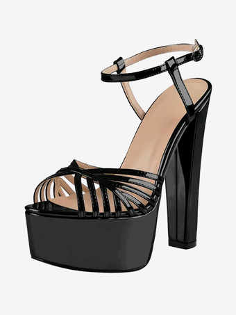 ブラック レディースヒールサンダル ラウンドトゥ チャンキーヒールサンダル PUレザー