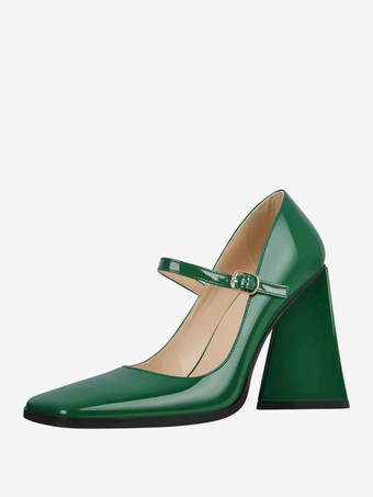 ダークグリーンレディース ヒール スリッポン バックル パンプス シック スクエアトゥ チャンキーヒール PUレザー