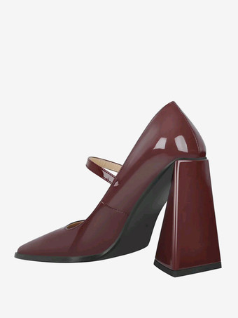 レディース ヒール スリッポン バックル パンプス シック スクエアトゥ チャンキーヒール PUレザー