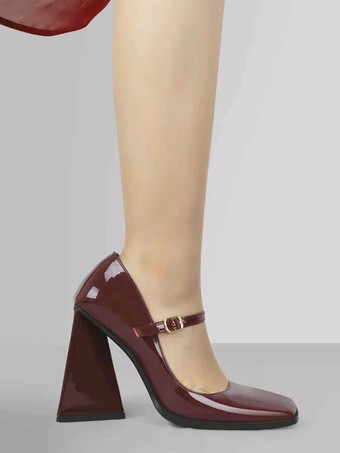 レディース ヒール スリッポン バックル パンプス シック スクエアトゥ チャンキーヒール PUレザー