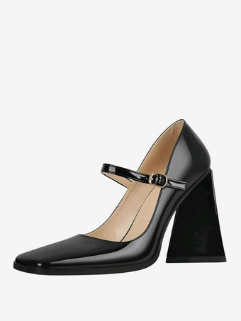 ブラック レディース ヒール スリッポン バックル パンプス シック スクエアトゥ チャンキーヒール PUレザー