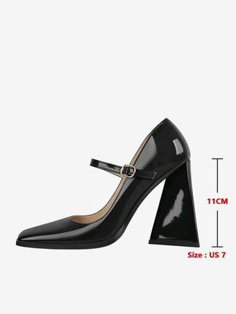 レディース ヒール スリッポン バックル パンプス シック スクエアトゥ チャンキーヒール PUレザー