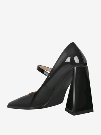 レディース ヒール スリッポン バックル パンプス シック スクエアトゥ チャンキーヒール PUレザー