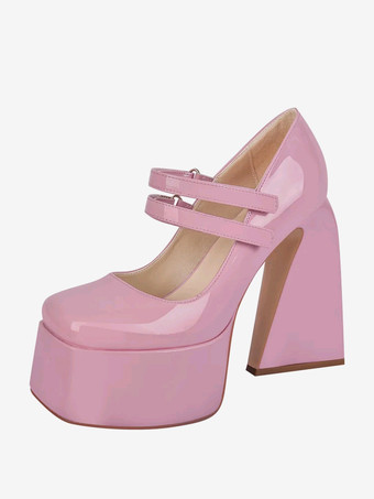 ライトピンクレディース ハイヒール スリッポン バックル パンプス シック スクエアトゥ チャンキーヒール PUレザー