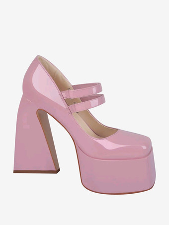 レディース ハイヒール スリッポン バックル パンプス シック スクエアトゥ チャンキーヒール PUレザー