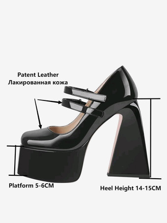 レディース ハイヒール スリッポン バックル パンプス シック スクエアトゥ チャンキーヒール PUレザー