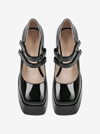 レディース ハイヒール スリッポン バックル パンプス シック スクエアトゥ チャンキーヒール PUレザー