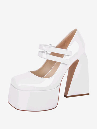 ブラック レディース ハイヒール スリッポン バックル パンプス シック スクエアトゥ チャンキーヒール PUレザー