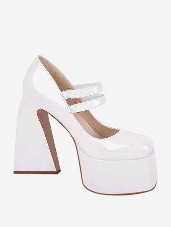 レディース ハイヒール スリッポン バックル パンプス シック スクエアトゥ チャンキーヒール PUレザー