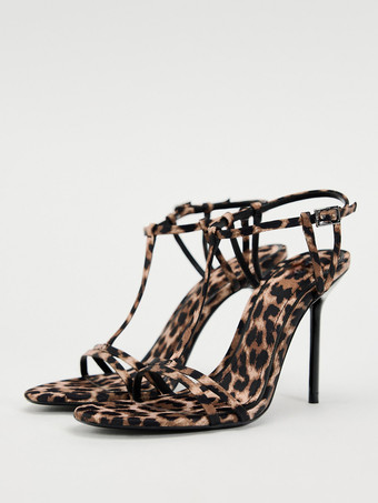 ディープブラウンレディースヒールサンダル ラウンドトゥ スティレットヒールサンダル PUレザー