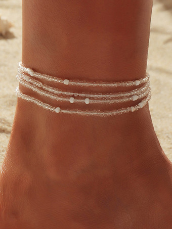 ホワイト ボヘミアン アンクレット コルフル ビーズ レイヤード ビキニ アンクル ブレスレット