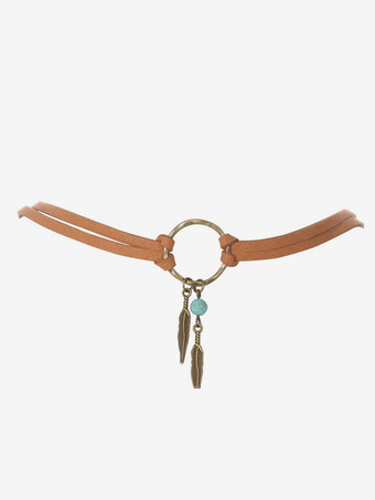 ボヘミアンネックレス レザーリング 葉っぱ ビーズ シック ネックレス