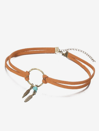 ボヘミアンネックレス レザーリング 葉っぱ ビーズ シック ネックレス