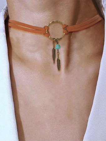 ライトブラウンボヘミアンネックレス レザーリング 葉っぱ ビーズ シック ネックレス