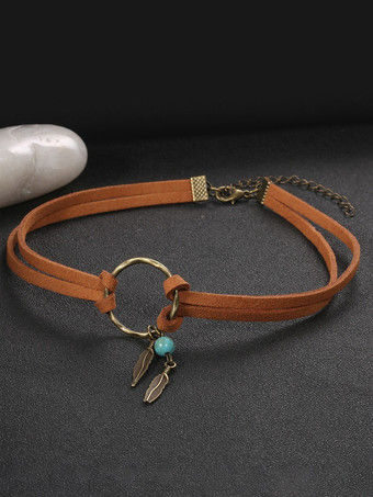 ディープブラウンボヘミアンネックレス レザーリング 葉っぱ ビーズ シック ネックレス