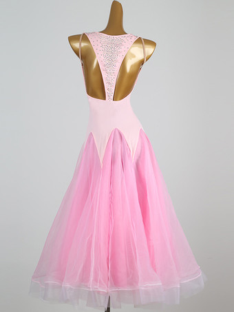 社交ダンス衣装 ピンク レディース エレガント ライクラ スパンデックス Vネック スパンコール ドレス ダンスドレス