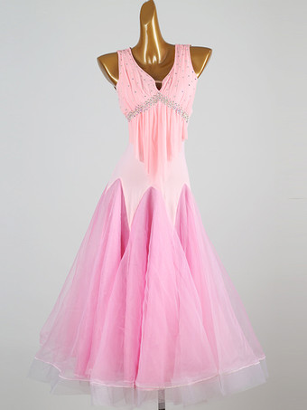 ピンク社交ダンス衣装 ピンク レディース エレガント ライクラ スパンデックス Vネック スパンコール ドレス ダンスドレス