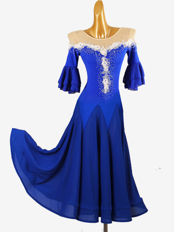 社交ダンス衣装 ロイヤルブルー レディース ジュエルネック ライクラ スパンデックス ドレス フラワー ダンスドレス