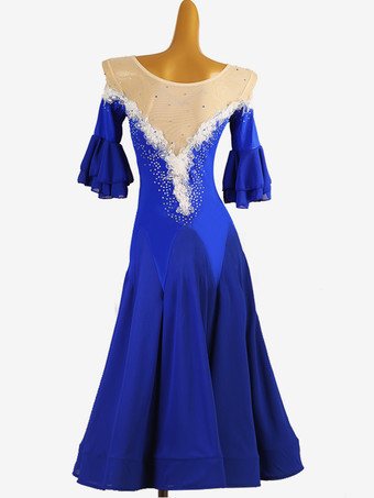 社交ダンス衣装 ロイヤルブルー レディース ジュエルネック ライクラ スパンデックス ドレス フラワー ダンスドレス