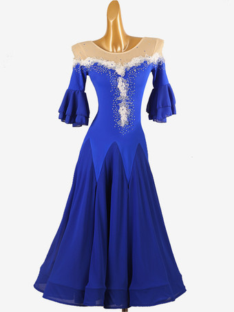 ロイヤルブルー社交ダンス衣装 ロイヤルブルー レディース ジュエルネック ライクラ スパンデックス ドレス フラワー ダンスドレス