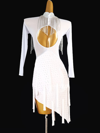 ラテンダンスコスチューム ホワイト レディース ライクラ スパンデックス ドレス スパンコール フリンジ ラテンダンサー ダンスウェア