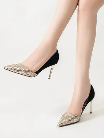 GoldHigh Heel Dress Shoes Suede Patchwork Designed Slip On Pumps