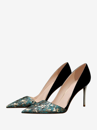 Green High Heel Dress Shoes Suede Patchwork Designed Slip On Pumps