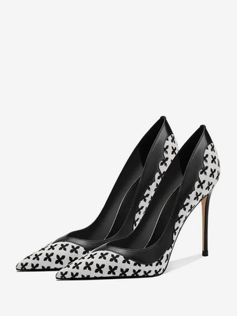 ホワイト ブラックドレスシューズ ポインテッドトゥ プリントスリッポンパンプス