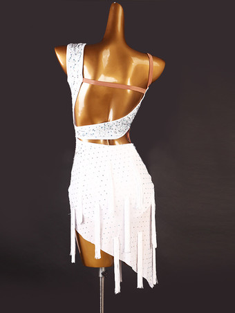 ラテンダンスコスチューム ホワイト レディース スパンコール アシンメトリー セクシー ライクラ スパンデックス ドレス ダンスウェア