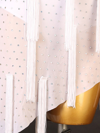 ラテンダンスコスチューム ホワイト レディース スパンコール アシンメトリー セクシー ライクラ スパンデックス ドレス ダンスウェア