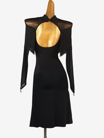 ラテンダンスコスチューム ブラック レディース フリンジ バックレス ライクラ スパンデックス ドレス ダンスコスチューム