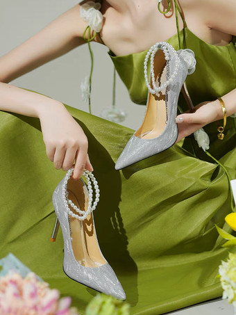 レディース ハイヒール パール アンクルストラップ スティレットヒール パンプス