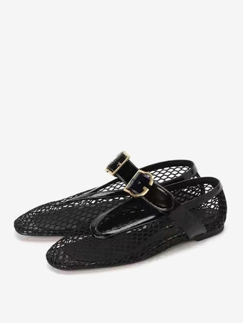 ブラック メッシュ ブラック バレエ フラット バックル ラウンド トゥ フラット シューズ