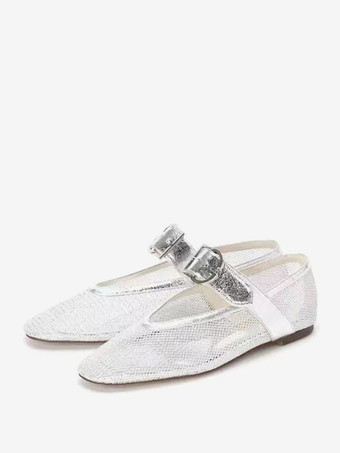 シルバー メッシュ ブラック バレエ フラット バックル ラウンド トゥ フラット シューズ