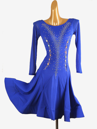 ラテンダンスコスチューム ロイヤルブルー レディース ライクラ スパンデックス ドレス エレガント スパンコール ラテンダンサー ダンスコスチューム
