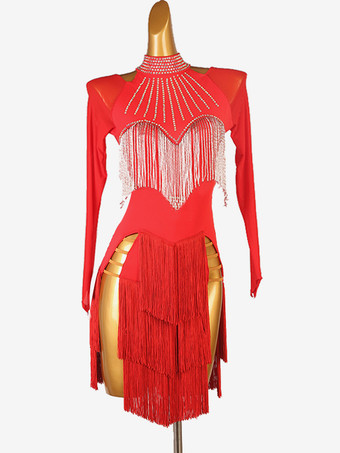 レッドラテンダンスコスチューム ブラック レディース スプリットフロント スパンコール ライクラ スパンデックス ドレス ダンスコスチューム