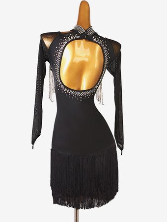 ラテンダンスコスチューム ブラック レディース スプリットフロント スパンコール ライクラ スパンデックス ドレス ダンスコスチューム