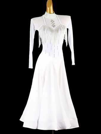 ホワイト 社交ダンス衣装 ホワイト レディース セクシー スタンドカラー ライクラ スパンデックス ドレス フリンジ ダンスドレス