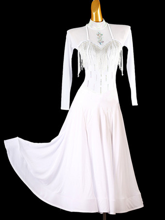 社交ダンス衣装 ホワイト レディース セクシー スタンドカラー ライクラ スパンデックス ドレス フリンジ ダンスドレス