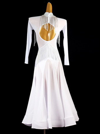 社交ダンス衣装 ホワイト レディース セクシー スタンドカラー ライクラ スパンデックス ドレス フリンジ ダンスドレス